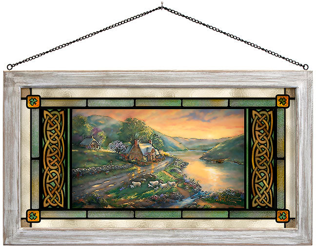 Daybreak at Cottage Valley Framed Stained Glass Art Look Suncatcher Large Hanging Panel