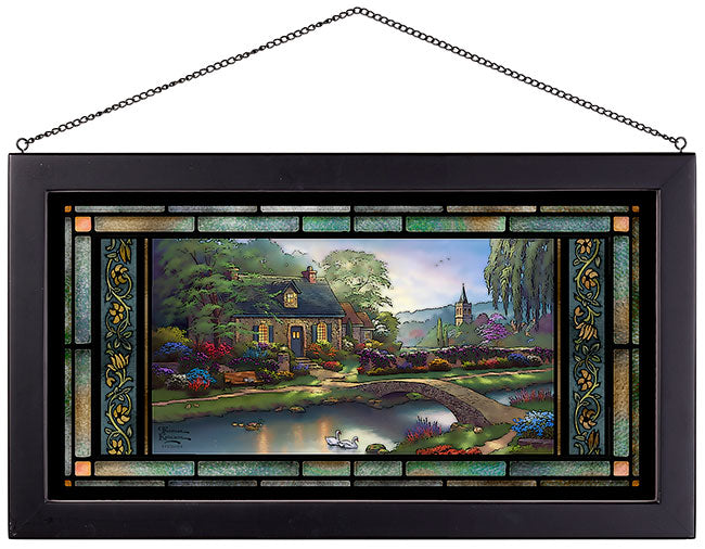Summer Garden at Creek Cottage Framed Stained Glass Art Look Suncatcher Large Hanging Panel