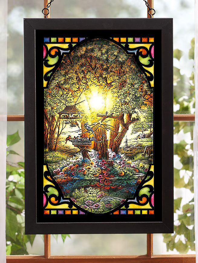 The Tree of Life in the Garden Framed Stained Glass Art Look Suncatcher Large Hanging Panel