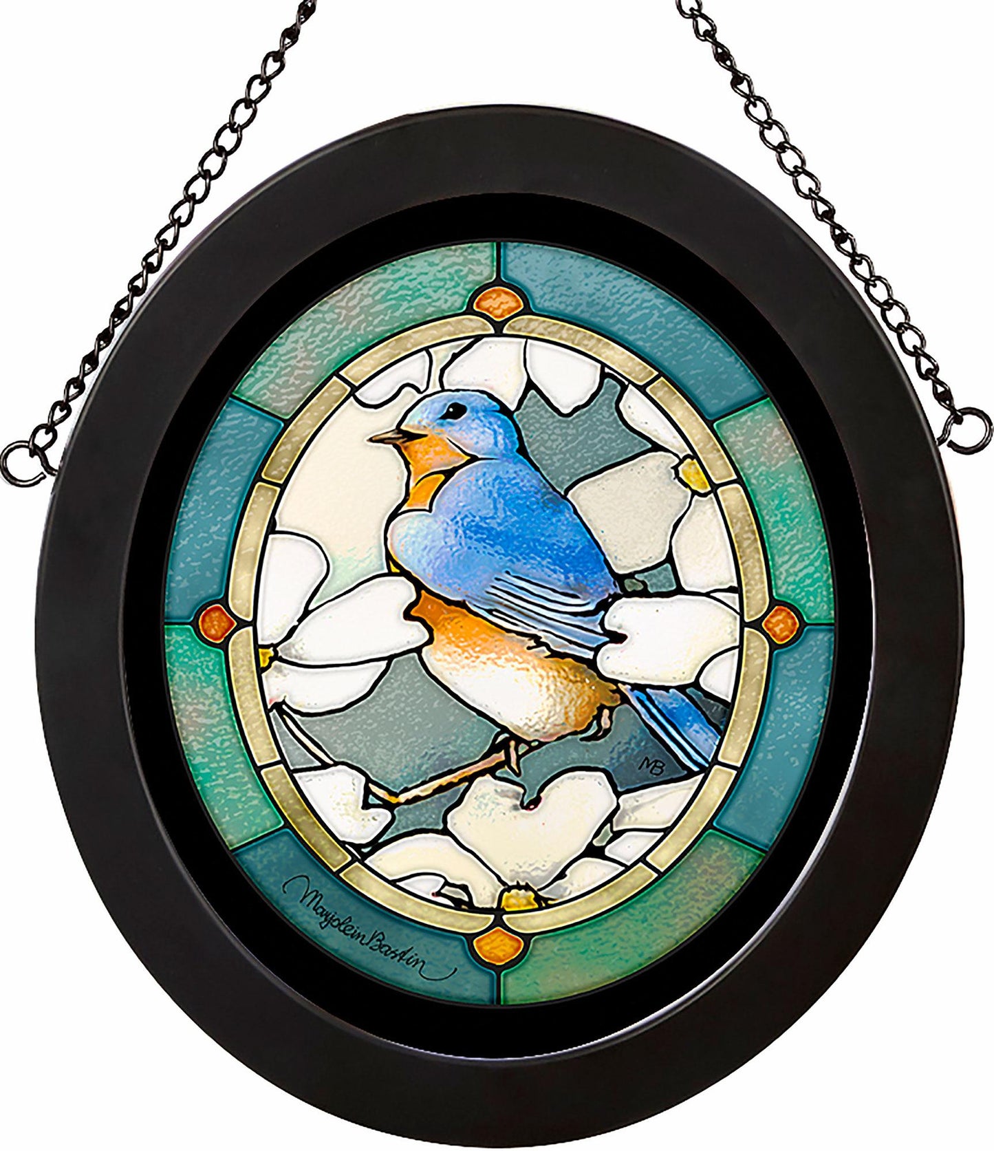 Dogwood & Bluebird Framed Stained Glass Art Look Suncatcher Oval Hanging Panel