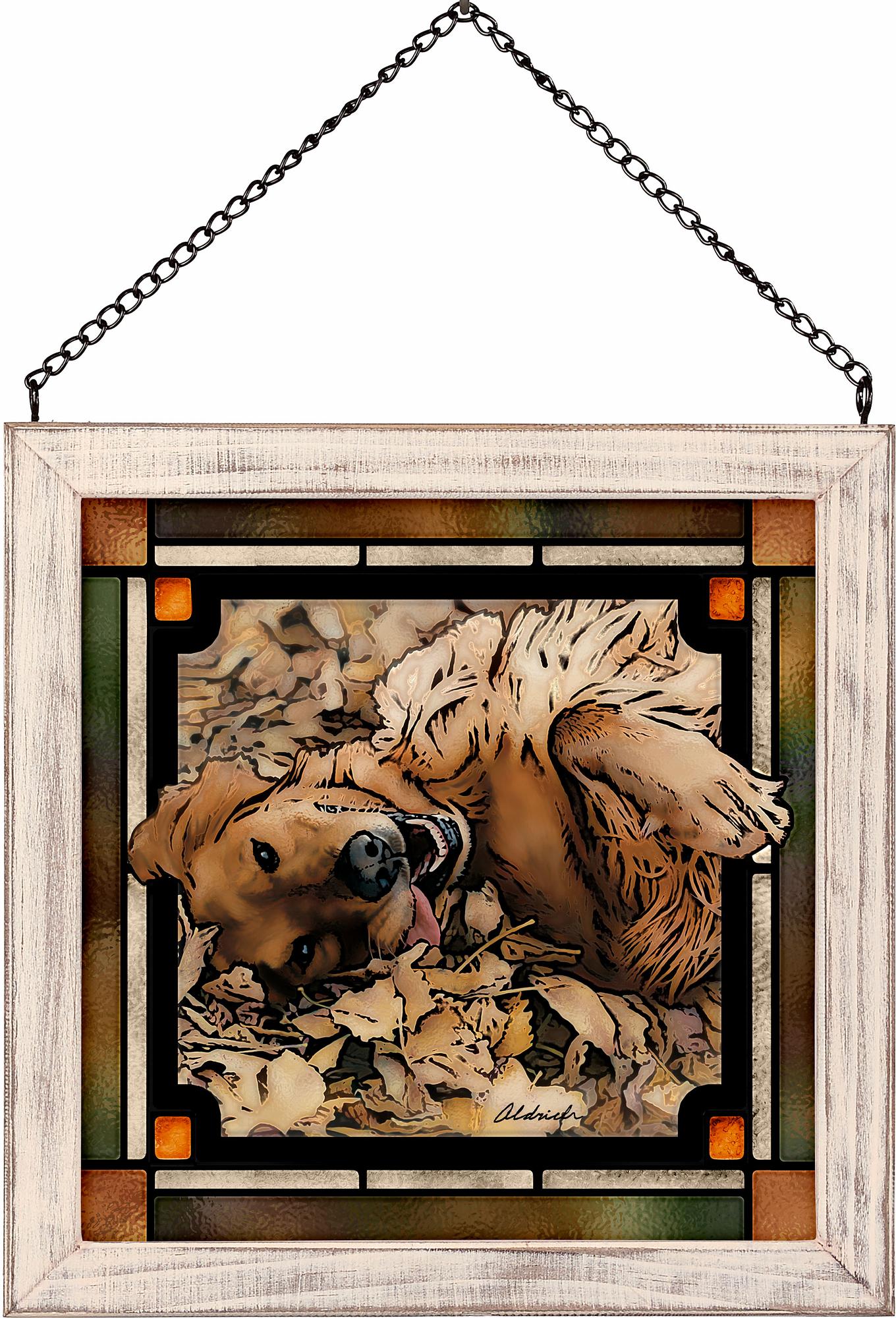 Happy Dog Golden Retriever Framed Stained Glass Art Look Suncatcher Small Square Hanging Panel