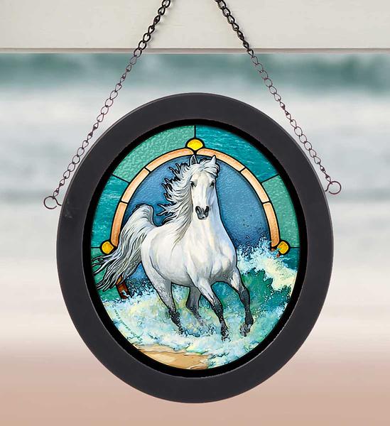 White Horse on the Beach Framed Stained Glass Art Look Suncatcher Oval Hanging Panel