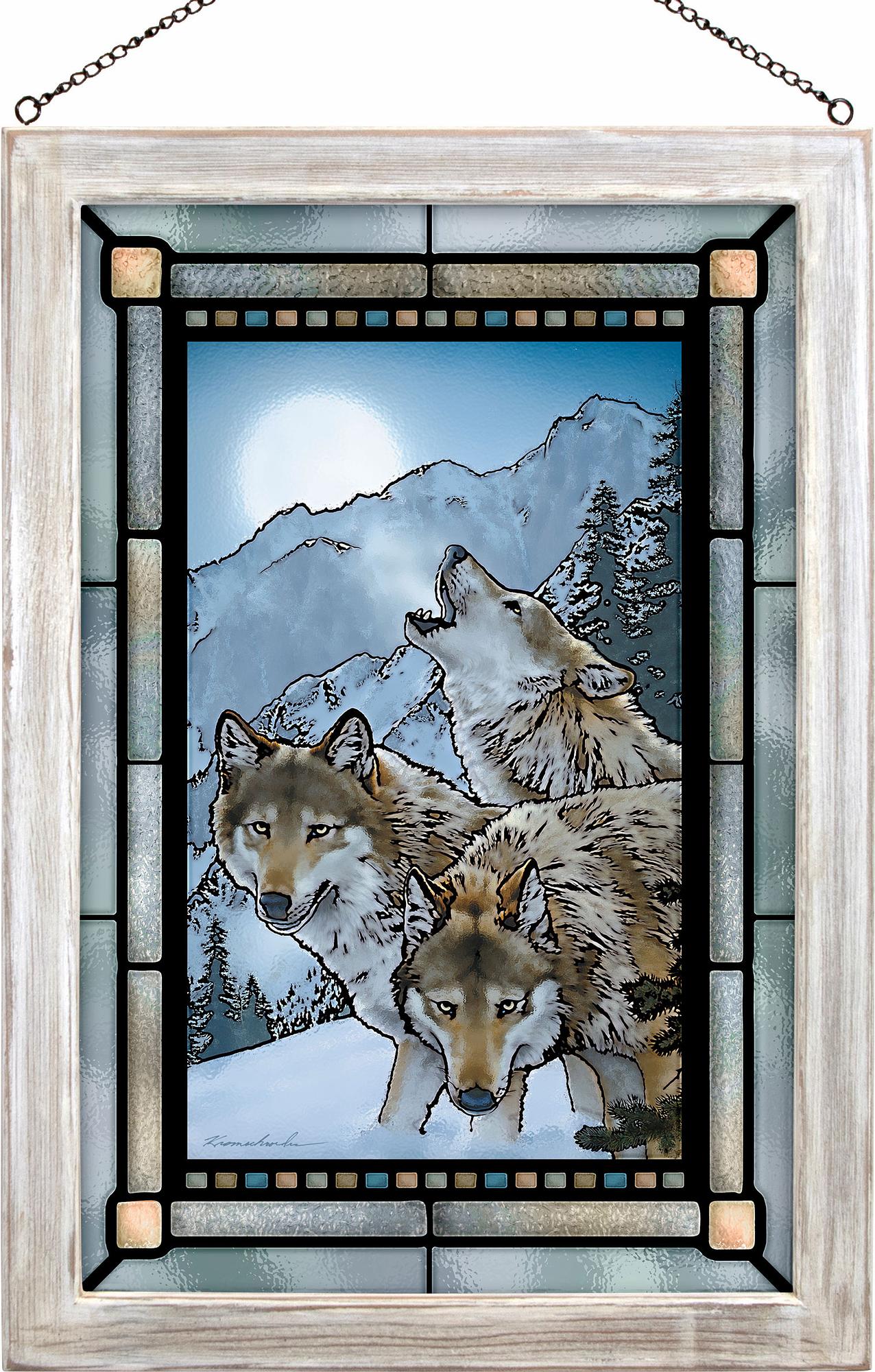 Legend of the Wolves Framed Stained Glass Art Look Suncatcher Large Hanging Panel