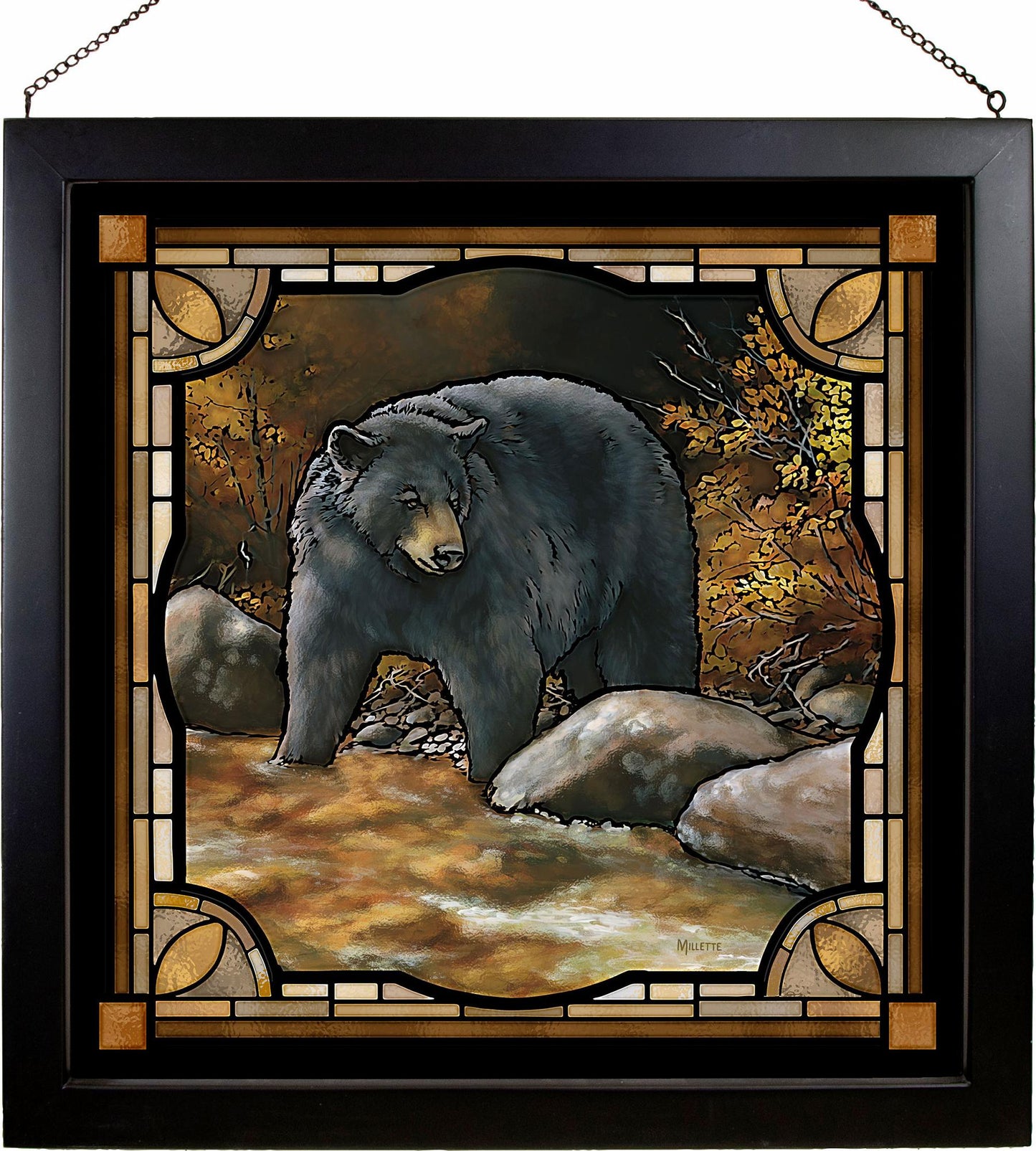 Black Bear on the Hunt Framed Stained Glass Art Look Suncatcher Large Hanging Panel