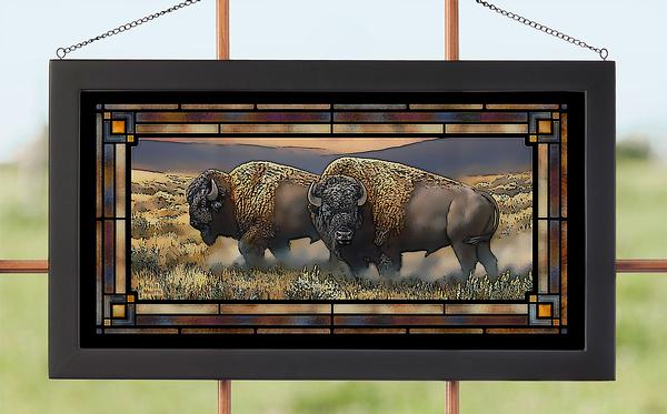 Bison Roaming the Plain Framed Stained Glass Art Look Suncatcher Large Hanging Panel