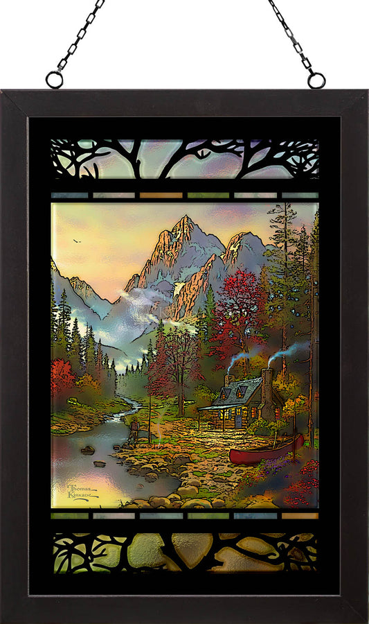 Log Cabin in the Mountain Framed Stained Glass Art Look Suncatcher Large Hanging Panel