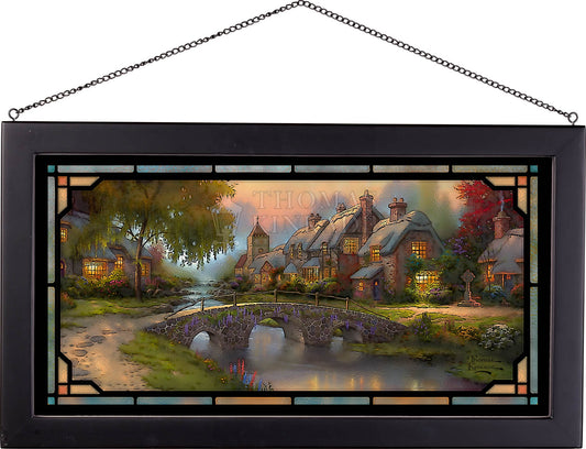 Grandma's Cottage Framed Stained Glass Art Look Suncatcher Large Hanging Panel