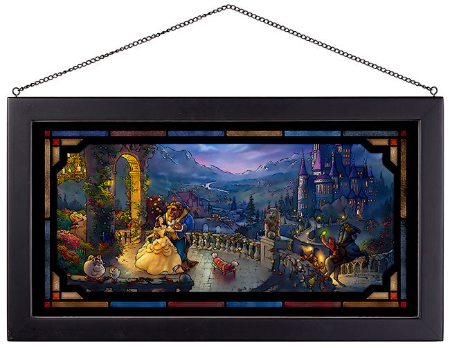 Beauty and the Beast Dancing in the Moonlight Disney Art Framed Stained Glass Look Suncatcher Panel