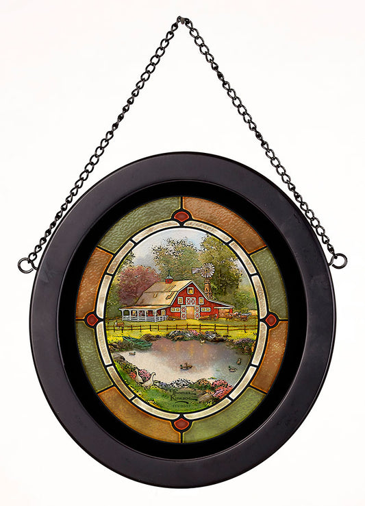 Red Barn Farm Scene Framed Stained Glass Art Look Suncatcher Oval Hanging Panel