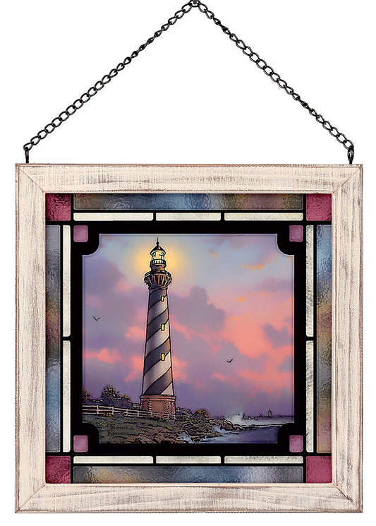 Cape Hatteras Light House Framed Stained Glass Art Look Suncatcher Small Square Hanging Panel