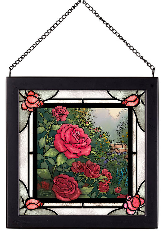 The Red Rose Garden Framed Stained Glass Art Look Suncatcher Small Square Hanging Panel