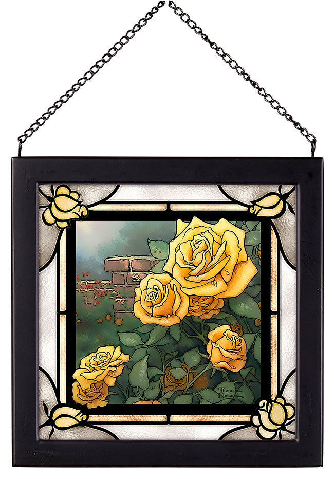 The Yellow Rose Garden Framed Stained Glass Art Look Suncatcher Small Square Hanging Panel