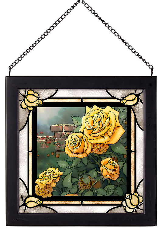 The Yellow Rose Garden Framed Stained Glass Art Look Suncatcher Small Square Hanging Panel