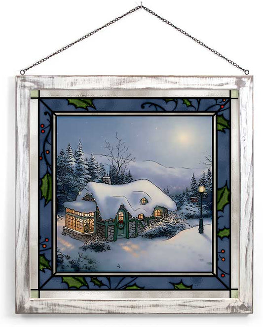 Silent Snow Night Framed Stained Glass Look Suncatcher Large Hanging Panel