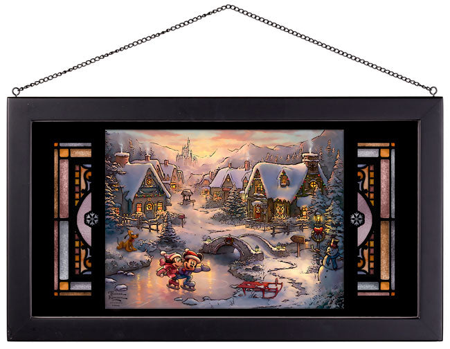 Mickey and Minnie Sweetheart Holiday Disney Art Framed Stained Glass Look Suncatcher Panel