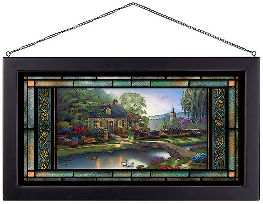 Summer Garden at Creek Cottage Framed Stained Glass Art Look Suncatcher Large Hanging Panel