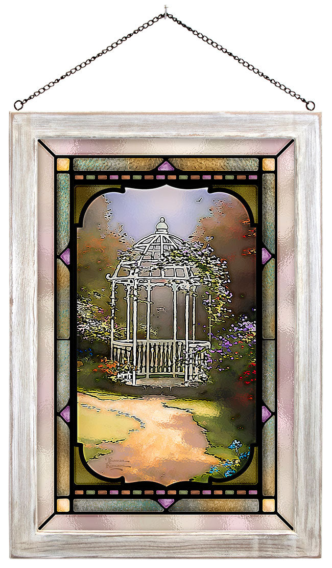 Secret Garden Gazebo Framed Stained Glass Art Look Suncatcher Large Hanging Panel