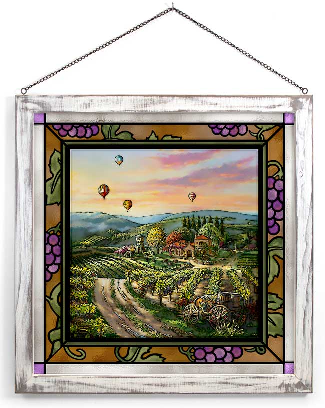 Valley Wine Vineyard Framed Stained Glass Art Look Suncatcher Large Hanging Panel