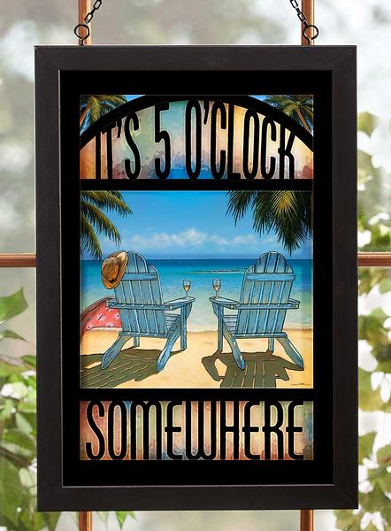 It's 5 O'clock Somewhere Beach Scene Framed Stained Glass Art Look Suncatcher Large Hanging Panel