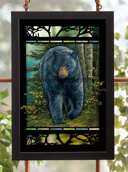 Black Bear in the Woods Framed Stained Glass Art Look Suncatcher Large Hanging Panel