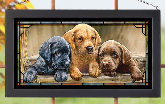 Trio of Lab Puppies Framed Stained Glass Art Look Suncatcher Large Hanging Panel