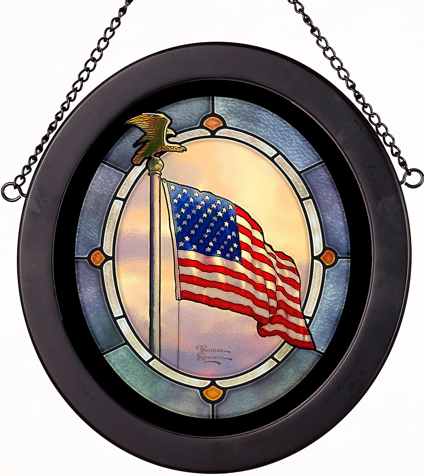 Old Glory American Flag Framed Stained Glass Art Look Suncatcher Oval Hanging Panel