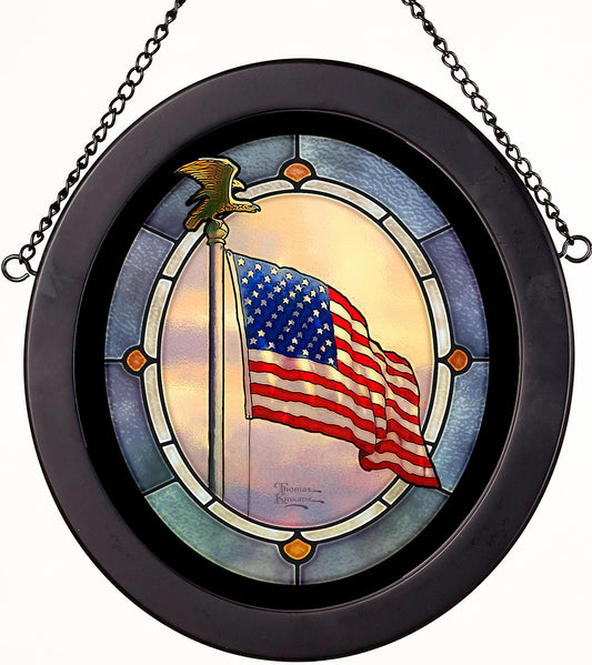 Old Glory American Flag Framed Stained Glass Art Look Suncatcher Oval Hanging Panel