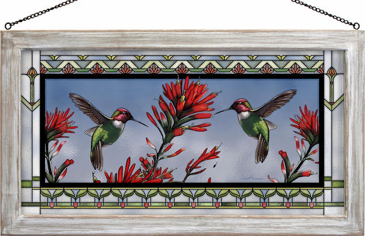 Anna’s Hummingbird Framed Stained Glass Art Look Suncatcher Large Hanging Panel