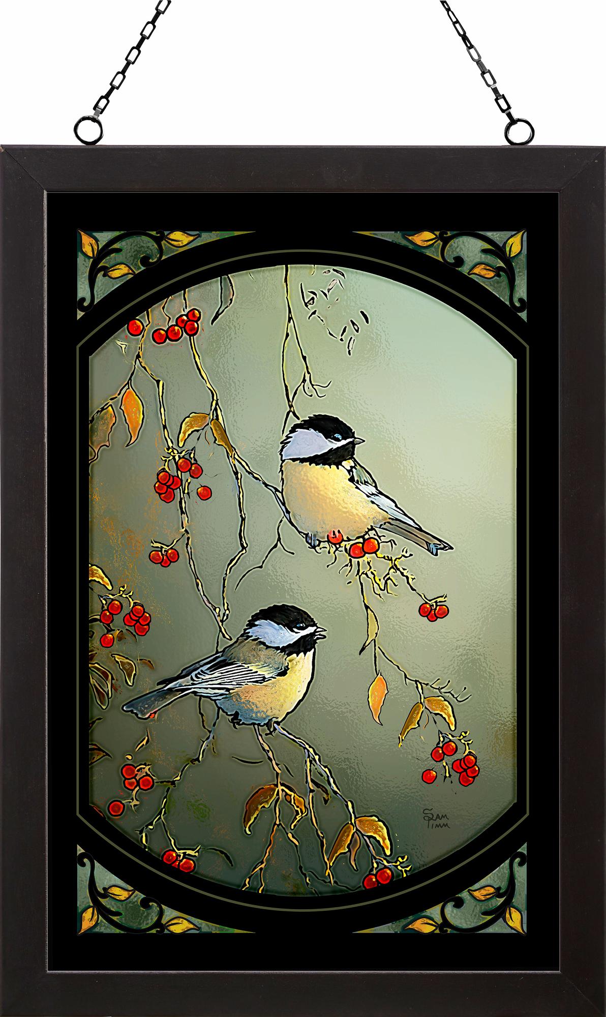 Chickadee Lovebirds Framed Stained Glass Art Look Suncatcher Large Hanging Panel