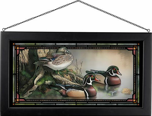 Majestic Wood Ducks Framed Stained Glass Art Look Suncatcher Large Hanging Panel