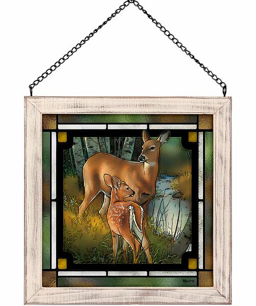 Whitetail Deer at the Creek Framed Stained Glass Art Look Suncatcher Small Square Hanging Panel