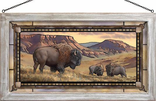 Bison Roam the Great Plains Framed Stained Glass Art Look Suncatcher Large Hanging Panel