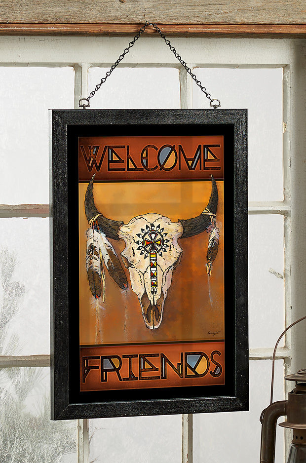 Bison Bull Tribal Skull Santa Fe Style Framed Stained Glass Art Look Suncatcher Large Hanging Panel