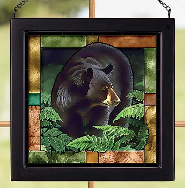 Black Bear in the Woods Framed Stained Glass Art Look Suncatcher Small Square Hanging Panel