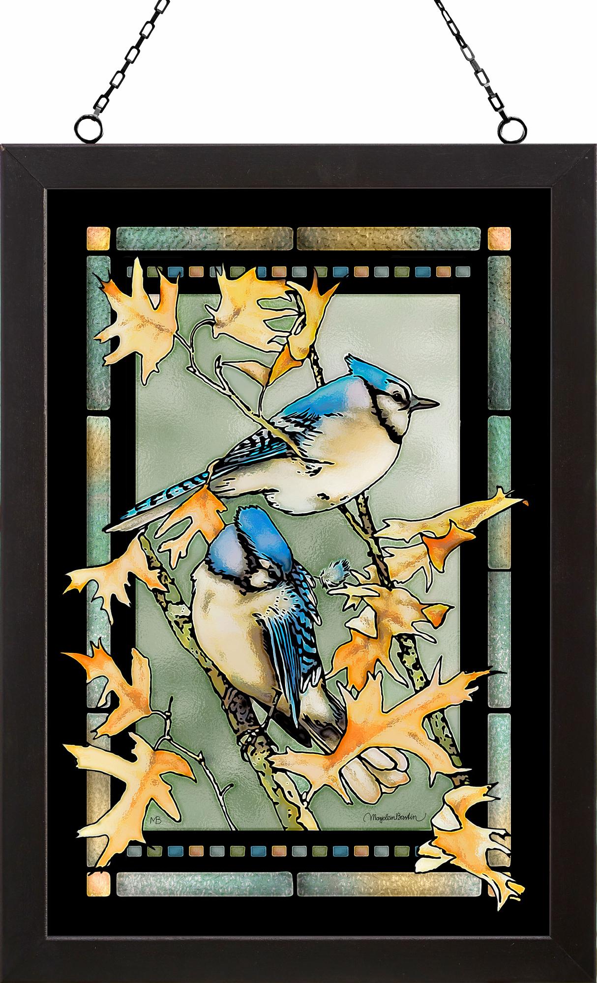 Blue Jays in Oak Tree Framed Stained Glass Art Look Suncatcher Large Hanging Panel