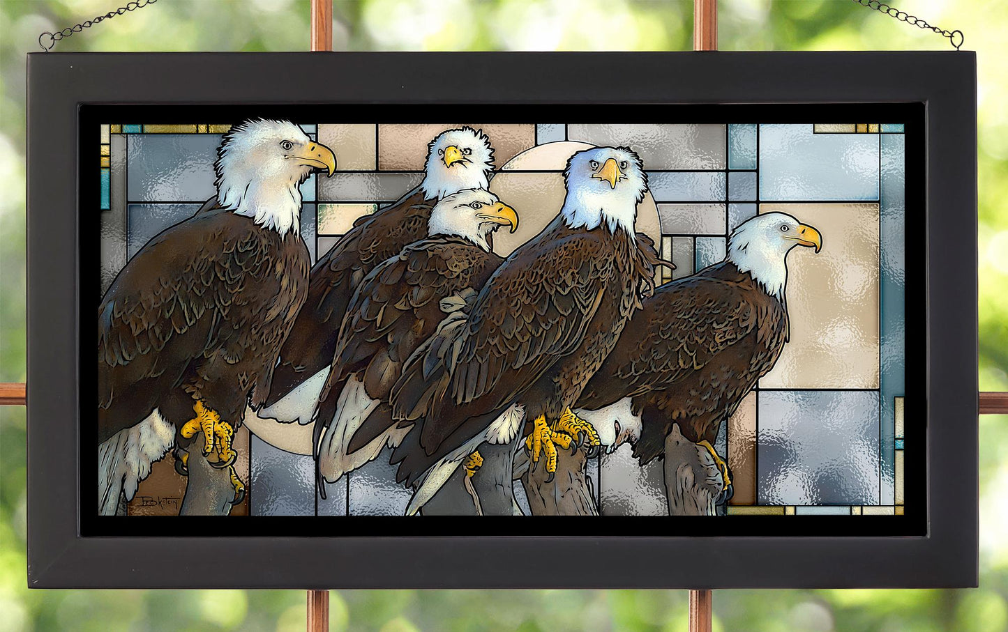 The American Bald Eagles Flock Framed Stained Glass Art Look Suncatcher Large Hanging Panel