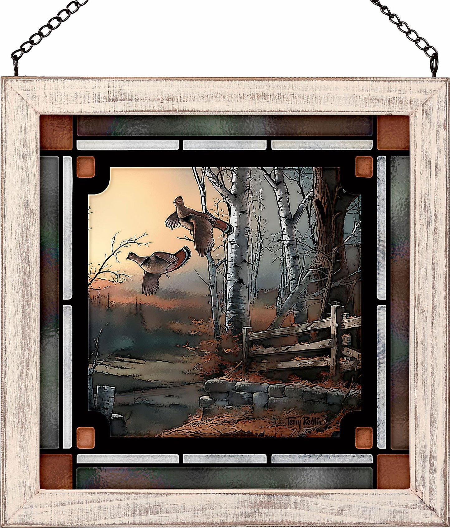 Pheasants Take Flight Framed Stained Glass Art Look Suncatcher Small Square Hanging Panel