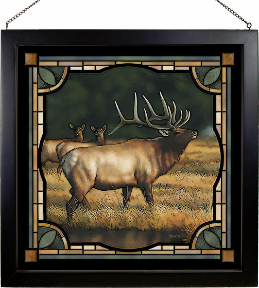 Elk on the Prairie Stained Glass Art Look Suncatcher Large Hanging Panel