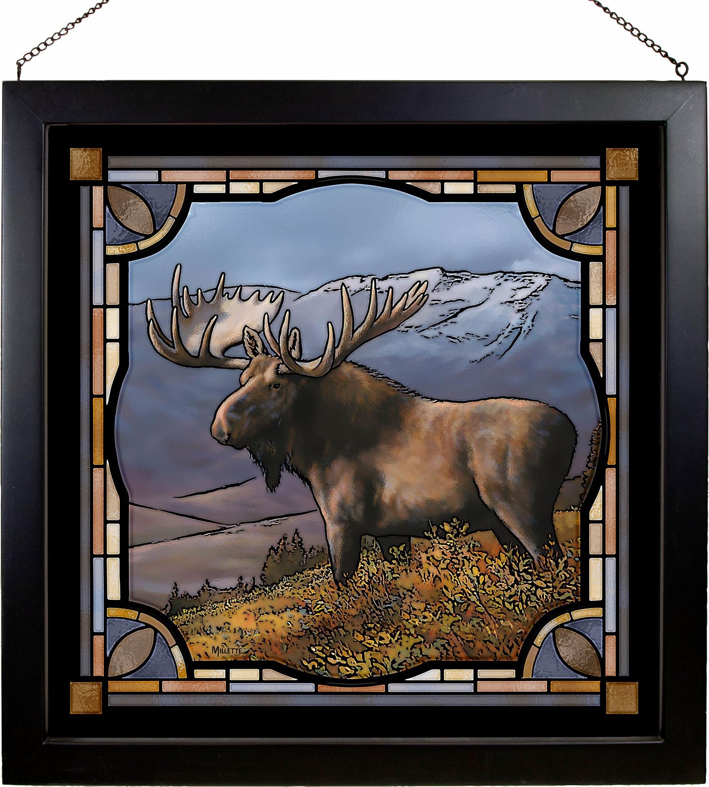 Majestic Moose Framed Stained Glass Art Look Suncatcher Large Hanging Panel