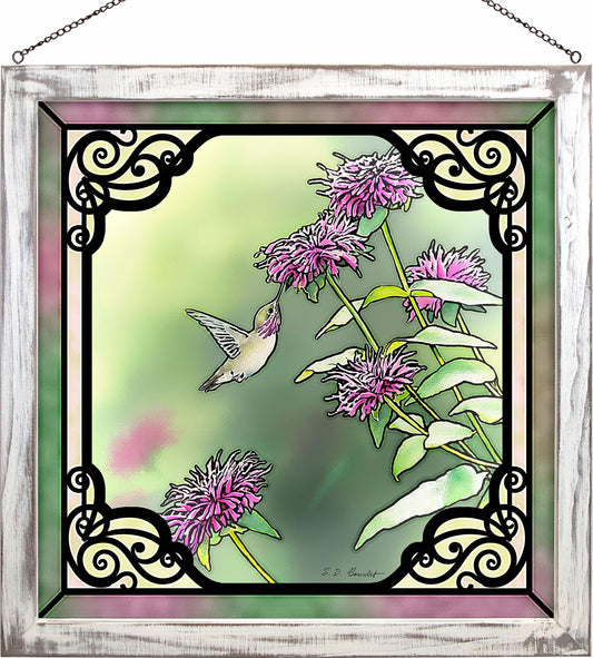 Sweet Hummingbird in Bee Balm Framed Stained Glass Art Look Suncatcher Large Hanging Panel