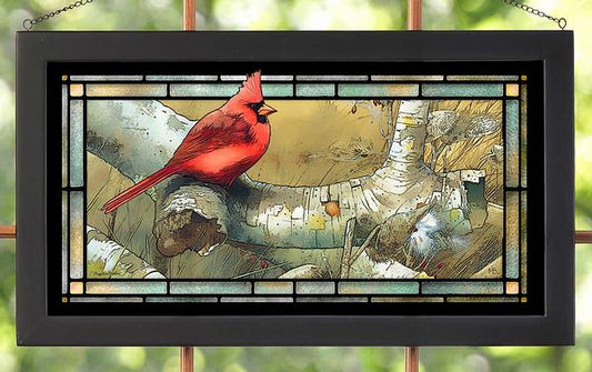 Cardinal in the Sycamore Tree Framed Stained Glass Art Look Suncatcher Large Hanging Panel