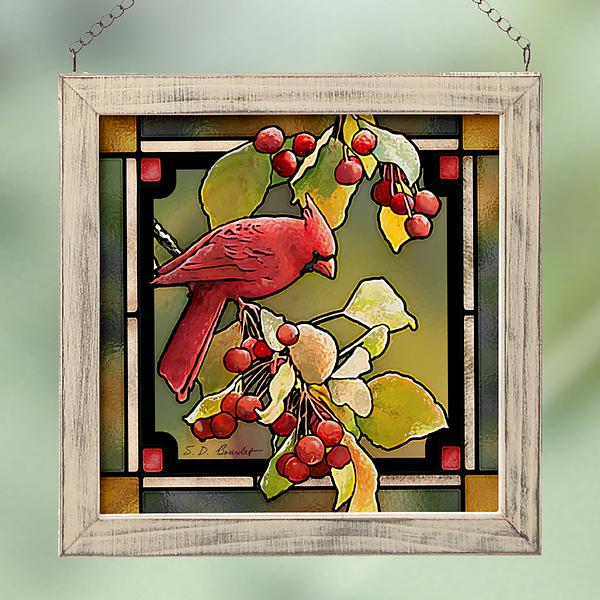 Cardinal & Crabapple Tree Framed Stained Glass Art Look Suncatcher Small Square Hanging Panel