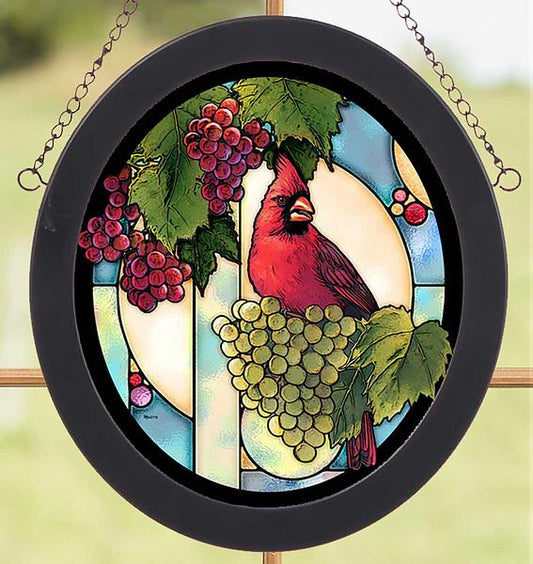 Cardinal in the Grapevine Framed Stained Glass Art Look Suncatcher Oval Hanging Panel