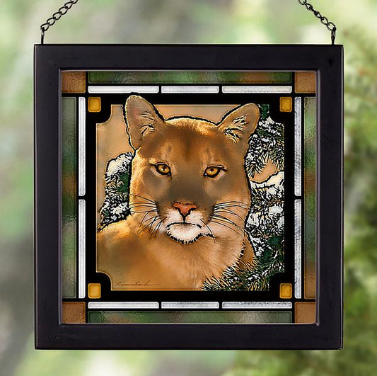 Mountain Lion Cougar Framed Stained Glass Art Look Suncatcher Small Square Hanging Panel