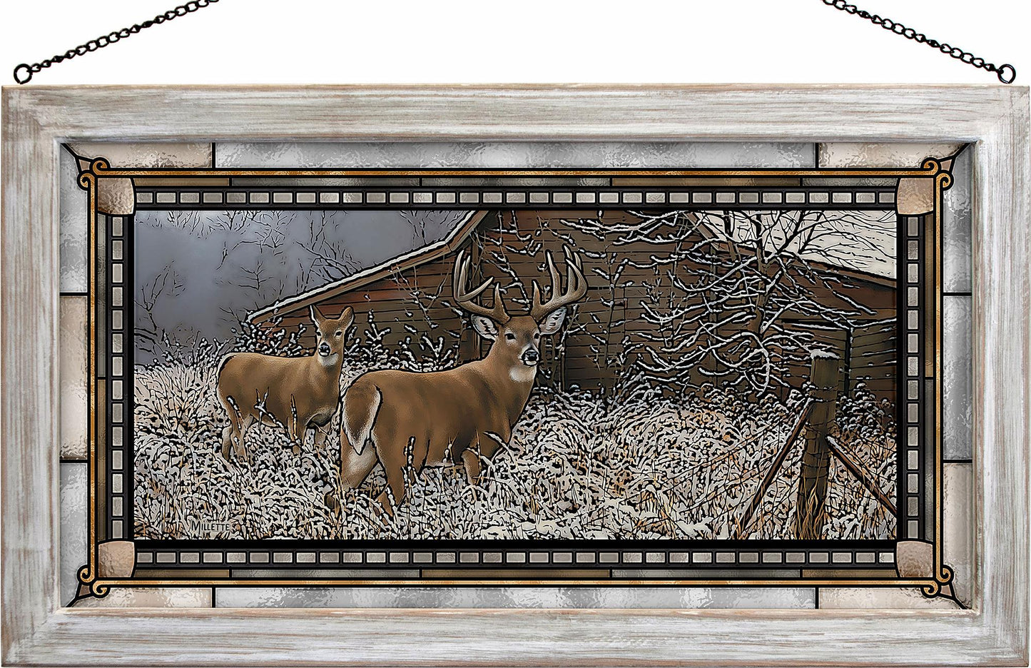 Whitetail Deer Tiptoe in the Snow Framed Stained Glass Art Look Suncatcher Large Hanging Panel