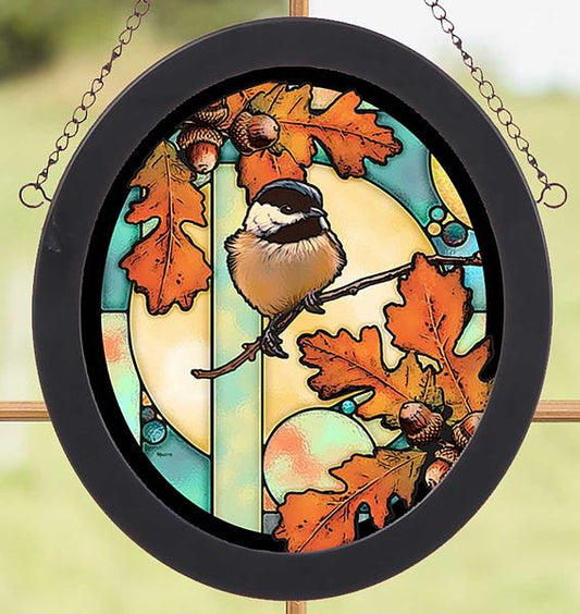 Chickadee in Oak Tree Framed Stained Glass Art Look Suncatcher Oval Hanging Panel