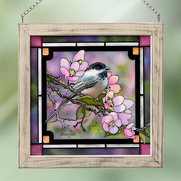 Chickadee & Cherry Blossoms Framed Stained Glass Art Look Suncatcher Small Square Hanging Panel