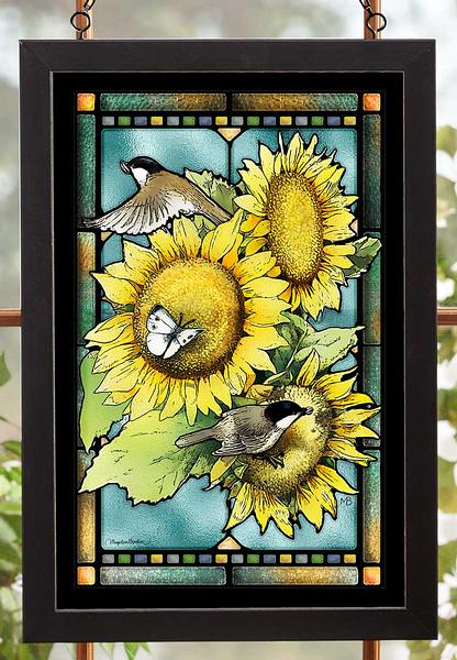 Chickadees & Sunflowers Framed Stained Glass Art Look Suncatcher Large Hanging Panel