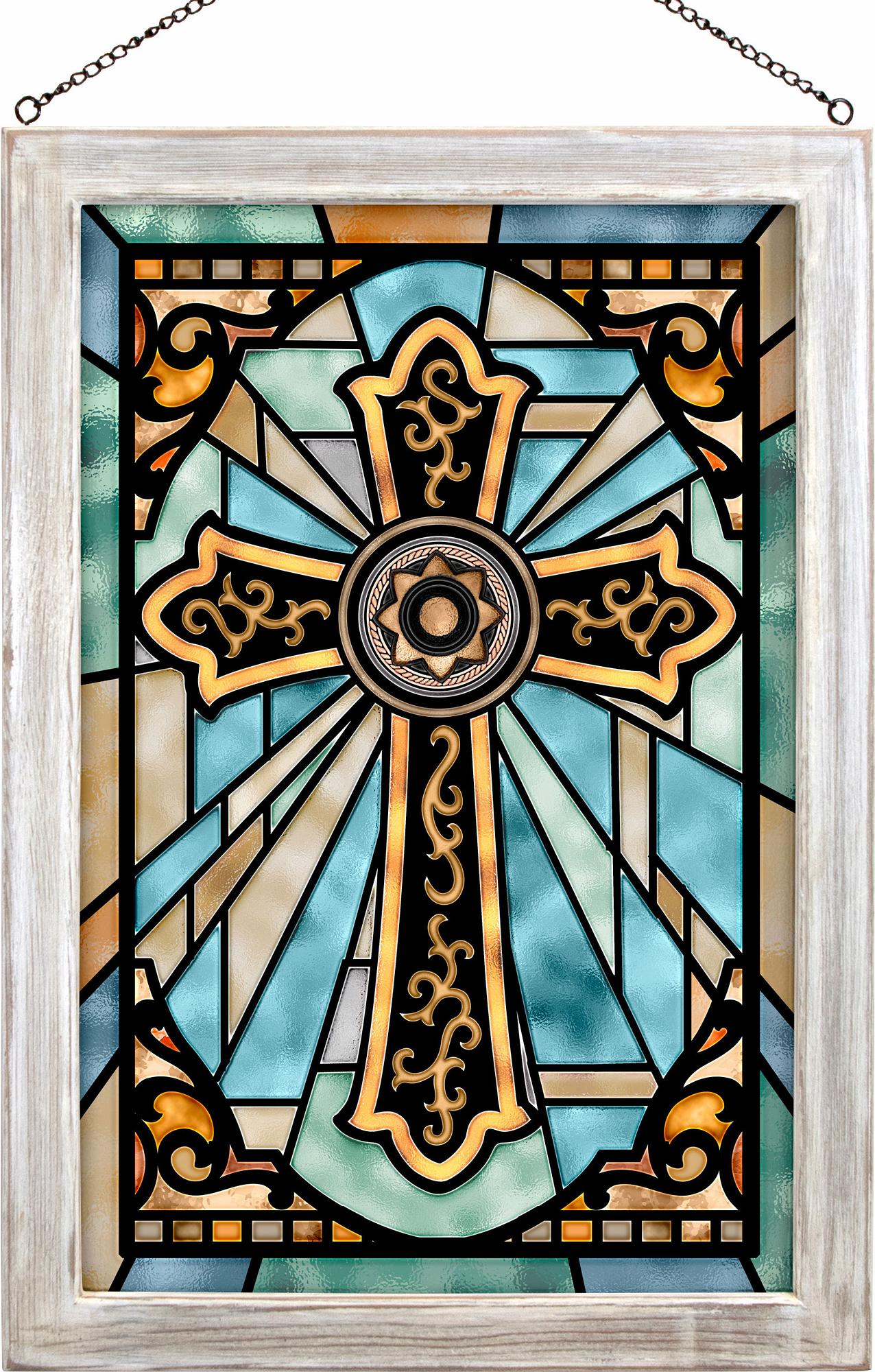 Coastal Cross Turquoise Framed Stained Glass Art Look Suncatcher Large Hanging Panel