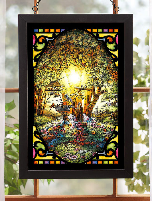 The Tree of Life in the Garden Framed Stained Glass Art Look Suncatcher Large Hanging Panel